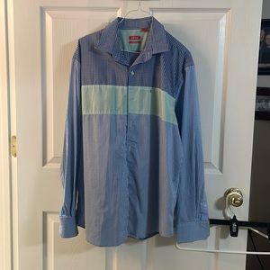 Izod- men’s long sleeve dress shirt, color blue, teal, white, size L